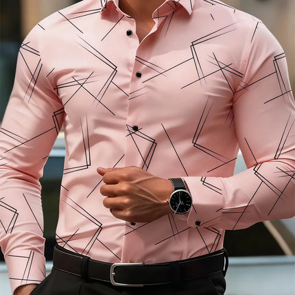 Men's trendy geometric line print long-sleeved shirt Business casual fashion design slim fit non-iron versatile ins style shirt