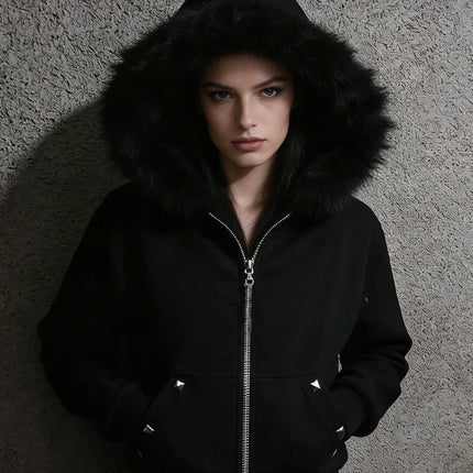 European American Plush Collar Square Rivet Cardigan Zipper Long Sleeves Hoodie Trend Street Winter Men's Women's Clothing Top
