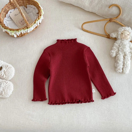 Kids Girls High Neck Knit Sweater Childrens Long Sleeve Undershirt Ruffled Solid Color Autumn for 0-5Y Girls Inner Top