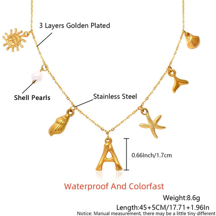 MHS.SUN Starfish Shell Initial Necklace Waterproof 18K Gold Plated Stainless Steel Charm Necklaces Surfer Girl Summer Beach Gift