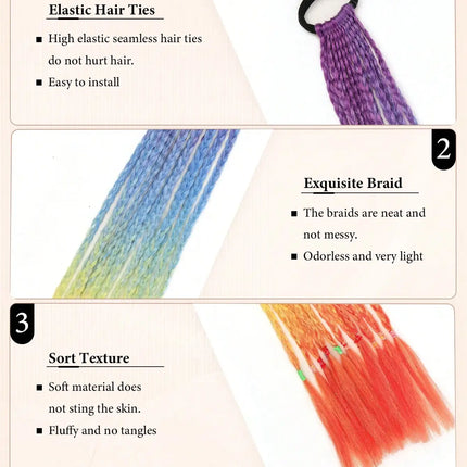 Braided Ponytail Extension Synthetic Colorful Hair Extension For Women 24inch Rainbow Hair Braids Extensions