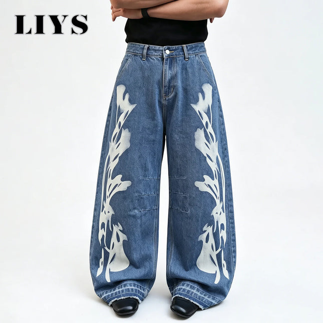 LIYS Men's Retro Grunge Punk Print Wide Leg Jeans Streetwear Baggy Denim Pants Suitable for Gatherings Casual Daily Commuting