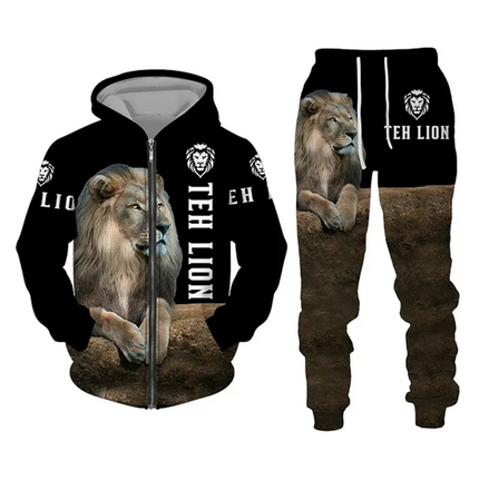 Men's Zip Hoodie Tracksuit Full Hoodies Set Lion Graphic Zipper 2 Piece Hooded Sports Outdoor Casual Sports 3D Print Streetwear