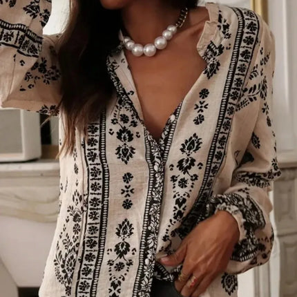 Plus Size Women's Fashion Printed Long Sleeve Loose Elegant Blouse Shirt Spring and Autumn Floral Print Chiffon Blouse Shirt