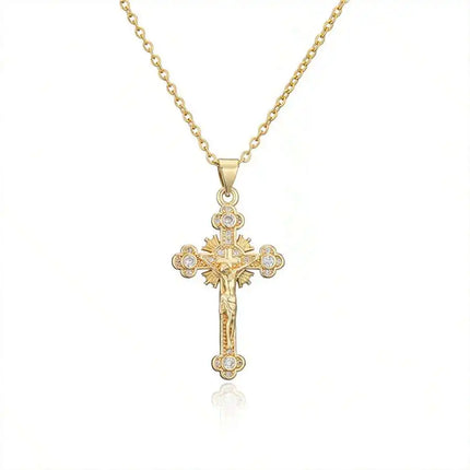 Religion Jesus Cross Pendant Necklace For Women Men Shiny Rhinestone Gold Color Chain Simple Design Hip Hop Party Jewelry