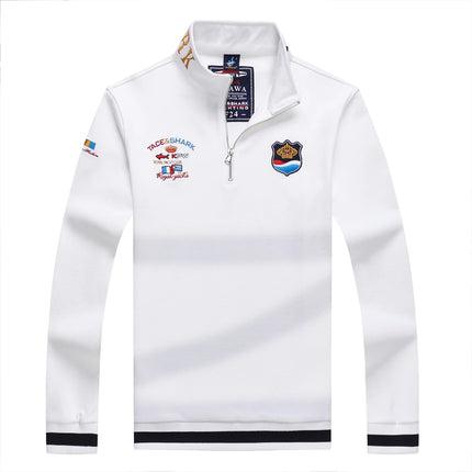 TACE&SHARK Fashion Men's Shark Embroidery Long Sleeve Polo Shirt Cotton Casual Wear Business Solid Color Tops