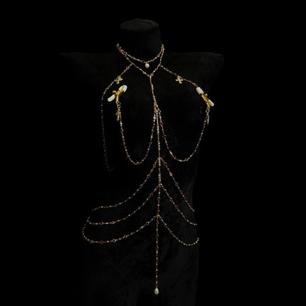 Rhinestone Sexy Chain Nipple Clamps One-Piece Body Chain Luxury Collar Includes Anal Plug and Vaginal Clamps BDSM Training Sexy