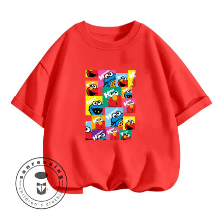 2026 Summer Cute Kawaii Sesame Street Crew Neck Tshirt 3-14Y Kids Boys Girls Cartoon Street Hot Fashion Outdoor Casual