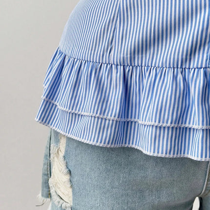 Oversized Women's Sleeveless Pleated Hem Casual Shirt Blue Striped Shirt V-Neck Beach Resort Backless