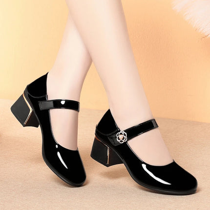 Women's Leather Shoes New Style Dancing Shoes Leongyue Mother Shoes Soft Sole Thick Heel Women's Shoes One-Button Single Shoes