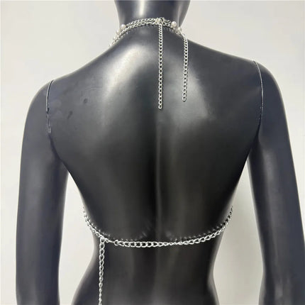 Summer Women Metal Chain Tank Top Sexy Hollow Out Backless Deep V Neck Halter Neck Crop Top Rave Party Nightclub Camisole New