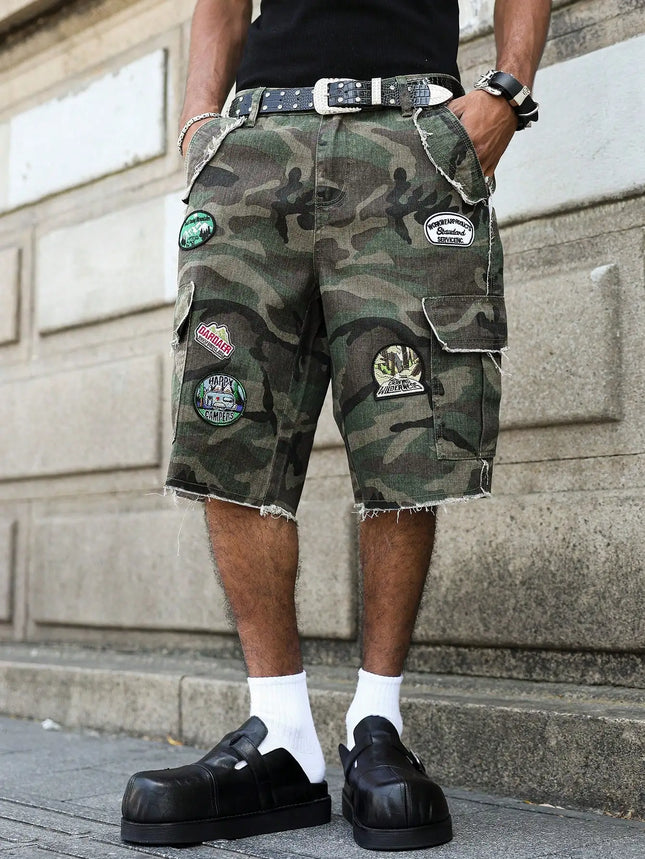 Men's Summer Denim Shorts. Camouflage-Colored Workwear Patch Denim Shorts. Street Fashion. Retro Hip-Hop Casual Style