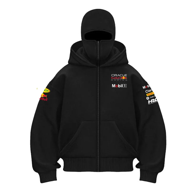 Red Bull Men's Zippered Hooded Sweatshirt Warmth and Casual Sports Wear with Zipper Face Mask Design Sports Jacket Racing Suit