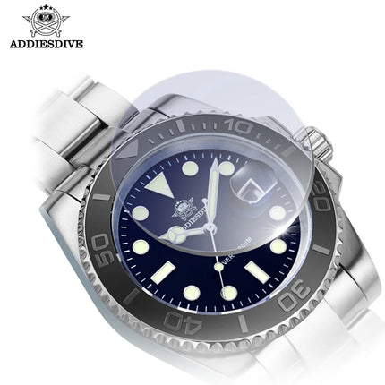 ADDIESDIVE Men's Quartz Watch 200m Waterproof Ceramic Bezel Steel Watch Magnifying Mirror Glass BGW9 Blue Luminous Diving Watch