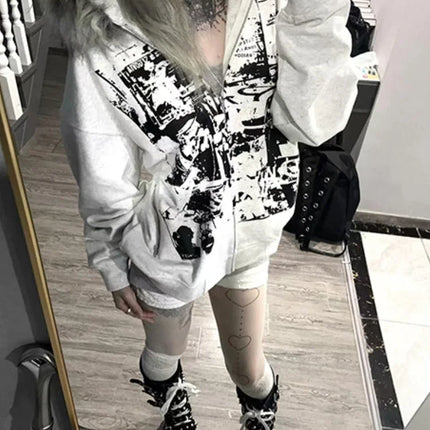 2026 Y2K Gothic Punk Faux Fur Hooded Jacket Women Printed Vintage American Harajuku Subculture Black Casual Streetwear