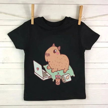 Summer Cotton Children's T-shirt Short Sleeve Capybaras Love Cute Animal Cartoon Kid Clothes Baby Girl Boy Cute Casual Y2k Tee Top
