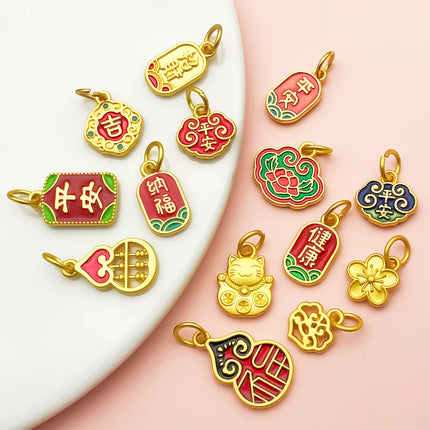 10/15pcs Antique & Sand-Gold Alloy Pendants for Wealth, Prosperity, and Good Fortune. DIY Chinese-style Charms for Bracelets