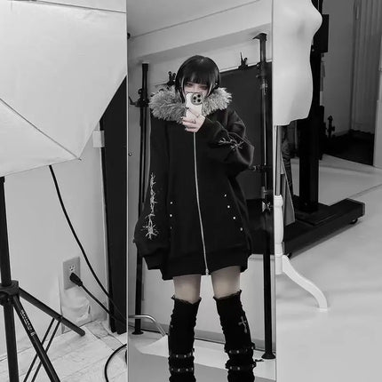 Autumn Gothic American Retro Zipper Hoodie Jacket Women Embroidery Letter Design Sweatshirt Harajuku 2000s Warm Tops Clothes