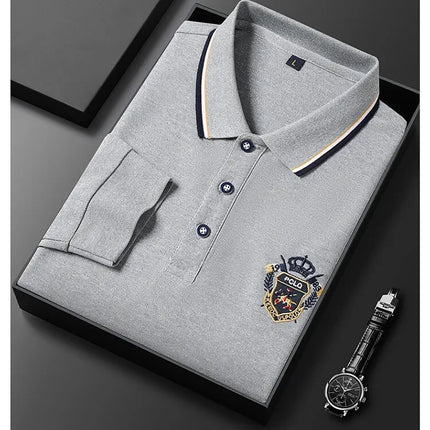 New Men's Long-sleeved Cotton Polo Shirt Fashion Embroidery Casual Bottom Pullover Shirts Tops Men's Clothing