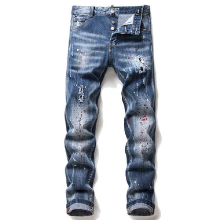 European American Style Fashion Brand Jeans Men Slim Jeans Pants Mens Black Denim Trousers Zipper Blue Hole Pencil Pants Jeans