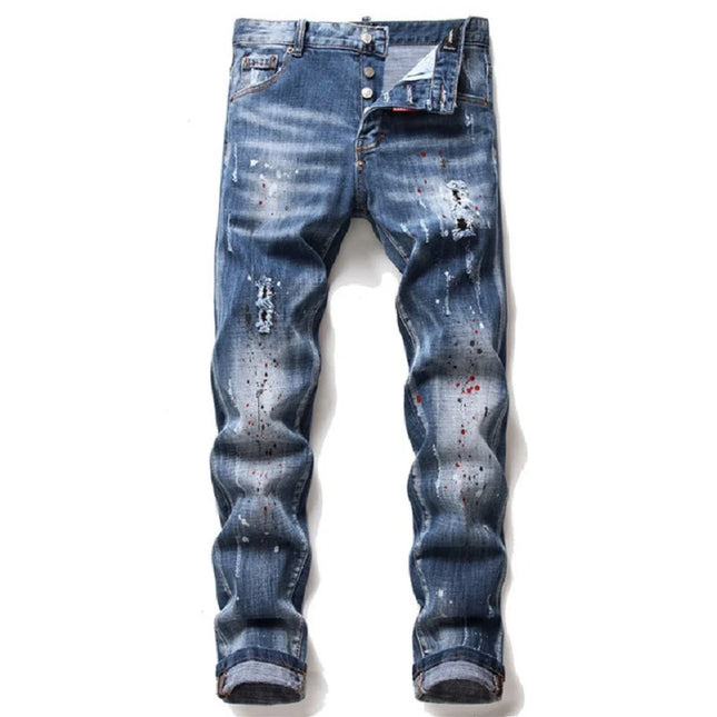 European American Style Fashion Brand Jeans Men Slim Jeans Pants Mens Black Denim Trousers Zipper Blue Hole Pencil Pants Jeans