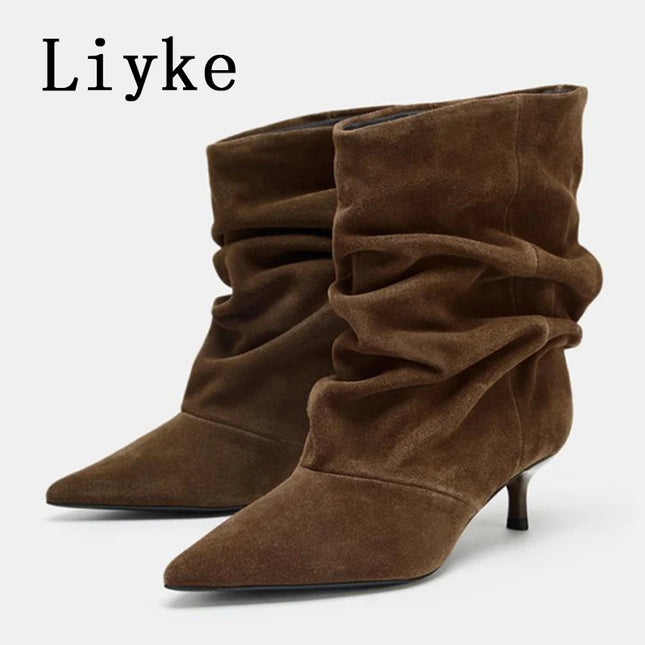 Liyke Brown Retro Elegant Designer Ankle Boots Women Fashion Pleated Suede Autumn Winter Low Thin Heels Party Prom Chelsea Shoes