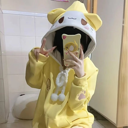 Sweet Kawaii Cartoon Pure Color Loose Zip Up Hoodie Women 2000s Y2k Autumn Winter Japanese Hooded Sweatshirt Lolita Coat Chic