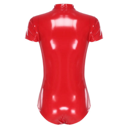 Womens Patent Leather Letter Printed Lingerie Bodysuit Wet Look Front Hollow Out Short Sleeve Openable Crotch Teddy Leotard