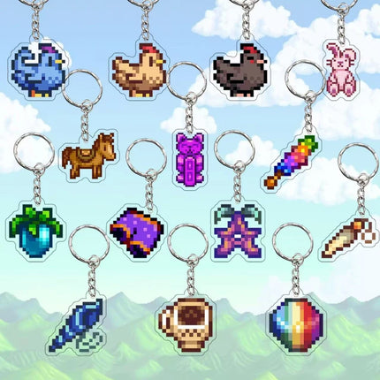 Game Stardew Valley Junimos Stardrop Cosplay Keychain Kawaii Acrylic Pixel Pendant Keyring Key Chain Bag Accessories Gift Prop