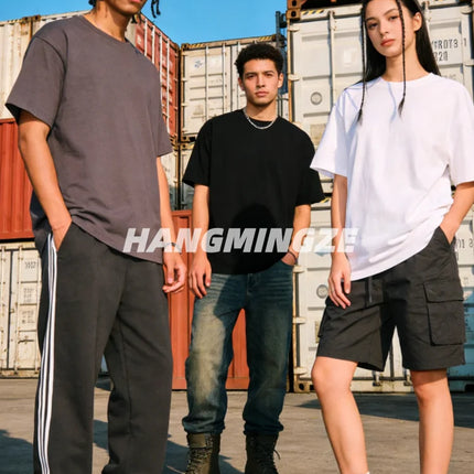 3-pack American 230GSM Heavy Cotton Short-sleeved T-shirt Men Women Solid Color Loose Round Neck Tops Couple Oversize T Shirt