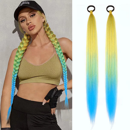 DIY 26 inch ponytail extension with elastic tie straight Sleek wrap braid yellow blue gradient ponytail
