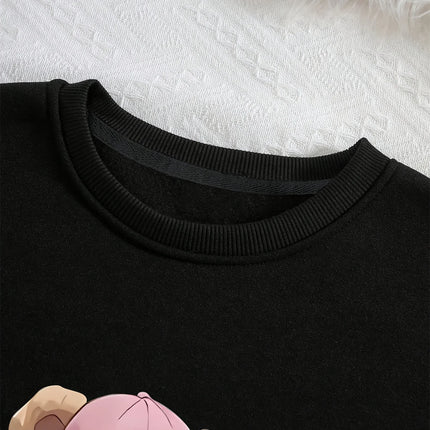 Women's autumn and winter loose casual comfortable teddy bear print with velvet long sleeved round neck hoodie pullover