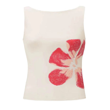 Women's Flower Print Crop Tank Top Fitted Boat Neck Sleeveless Summer Top for Party Club 2025 New Fashion