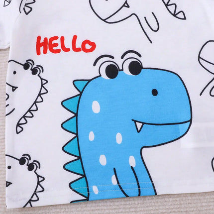 Summer 2-Piece Set New Casual Outdoor Comfort Breathable Cute Dinosaur Print Round Neck Short-Sleeved Denim Shorts Fashion Suit