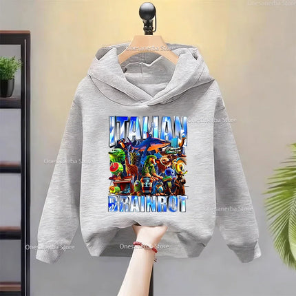 Cartoon Italian Brainrot Children's Hoodies Funny Graphic Boy Fleece Sweatshirt Tralalero Tralala Casual Sports Pullover Coats