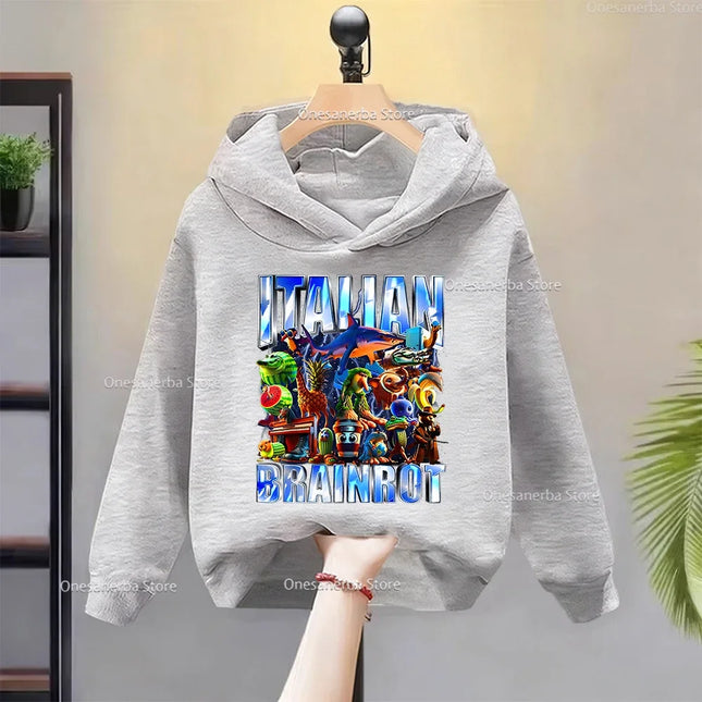Cartoon Italian Brainrot Children's Hoodies Funny Graphic Boy Fleece Sweatshirt Tralalero Tralala Casual Sports Pullover Coats