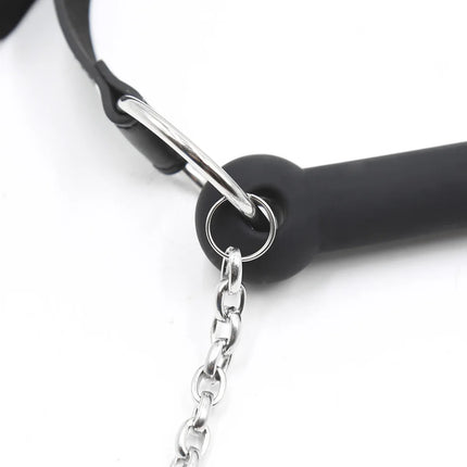 Leather BDSM Head Harness Silicone Mouth Bit Gag with Lead Chain Restraint Gear Adult Sex Toy for Men Women Fetish Role Play