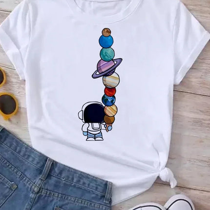 Women Moon Planet Print Fashion Tee Shirts Casual Round Neck Short Sleeve Streetwear Female T-Shirt Vintage Tops