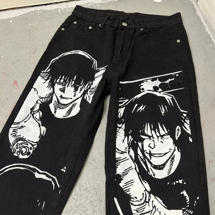 Harajuku anime characters printing jean new wide leg denim pants y2k mens jeans streetwear style couples trouser black jeans