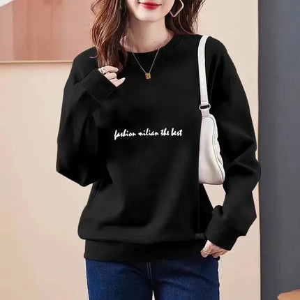 Thickened Fleece Women's Sweatshirt All-Match Comfortable One-Piece Velvet Winter Fashionable Cotton round Neck Printed Top