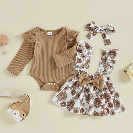 Pudcoco Baby Girls Spring Outfits Short Sleeve Ribbed Romper Suspender Skirt Headband Set Newborn 3 Piece Clothes 0-18M