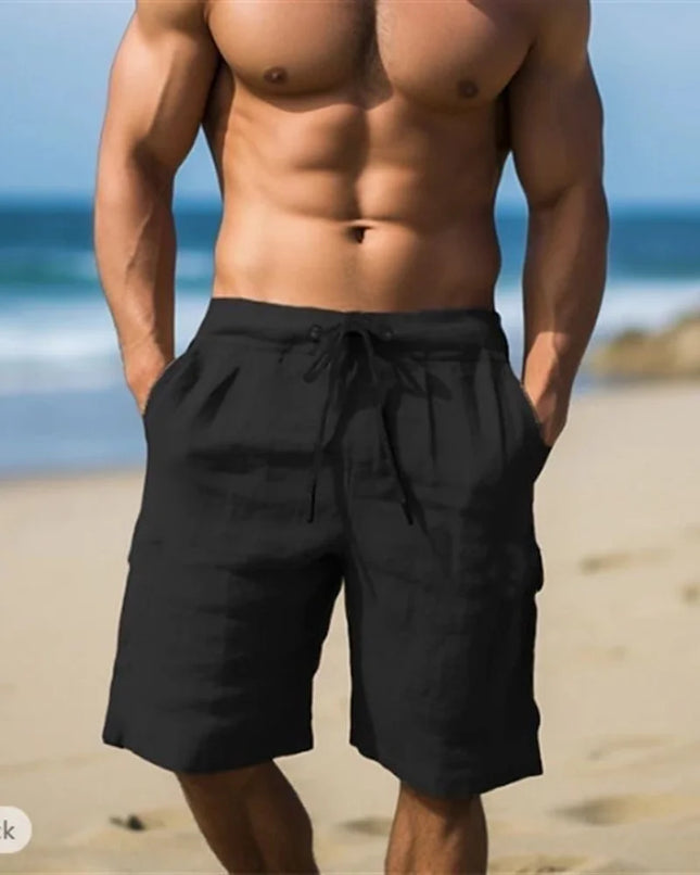 New Summer Men's Cotton Linen Shorts Comfortable Loose Fit Elastic Drawstring Waist Casual Beach Shorts Breathable