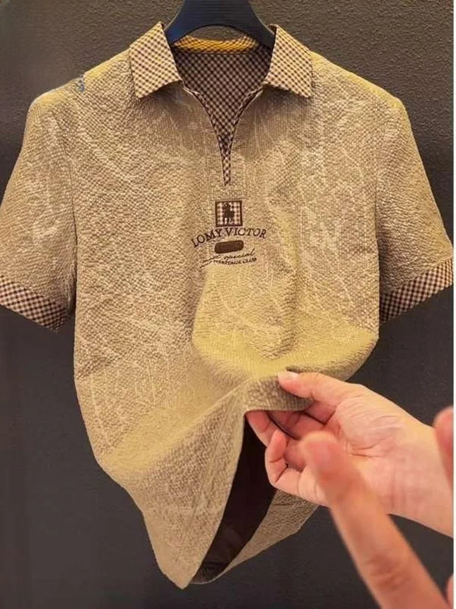 Ice Silk Embroidered  Shirt Men's Summer Short Sleeve Turn-down Collar Business Casual Fashion Brand T-shirt Breathable C...