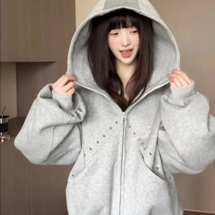 American Retro Rivet Splicing Cardigan Hooded Sweatshirt Women Fashion Loose Oversized Casual Vintage Classic Streetwear