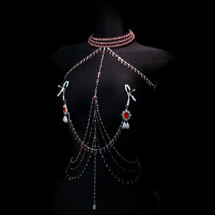 Red Tassel Gem Nipple Clamps Erotic Collar Body Chain Chest Restraint BDSM Women's Sexy Body Accessories Fetish Adult Sex Toys