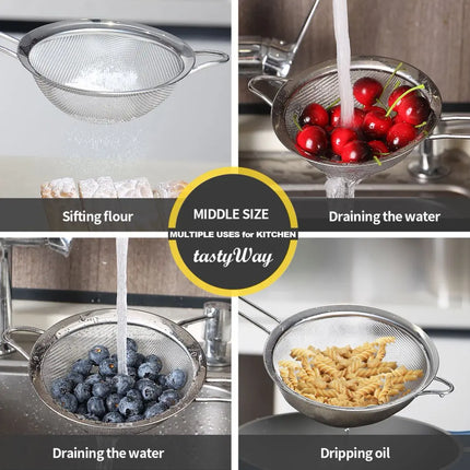 tastyWay 3pcs/set Stainless Steel Fine Mesh Strainers Multipurpose Flour Sifter For Baking With Handle Flour Sieve Sifter Baking
