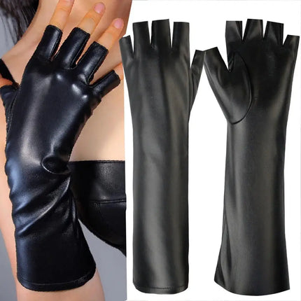 Sexy Black PU Leather Long Gloves Ladies Hip-pop Leather Half Finger Gloves Clubwear Punk Style Cosplay Costumes Dance mittens