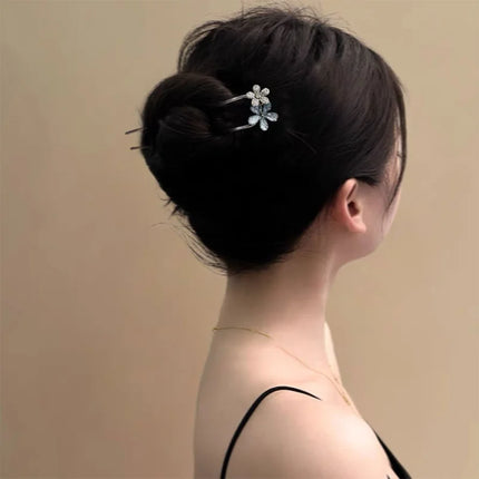 Metal Flower Hair Stick For Women Girls U-shaped Hairpin Fashion Hair Clip Pins New Blue Crystal Hair Bun Hair Accessories