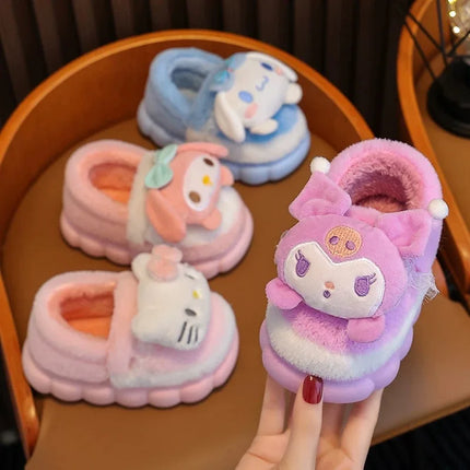 Winter Warm Cute Cartoon Indoor Mule Soft Non-slip Fluffy Slippers For Kids Teen Boys Girls Children Home Cotton Shoes Size 24-4