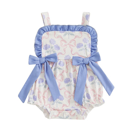 Pudcoco Baby Girl Romper for Summer Loose Fit Flower Bow Print Ruffled Trim Sleeveless Infant Jumpsuit 0-18M